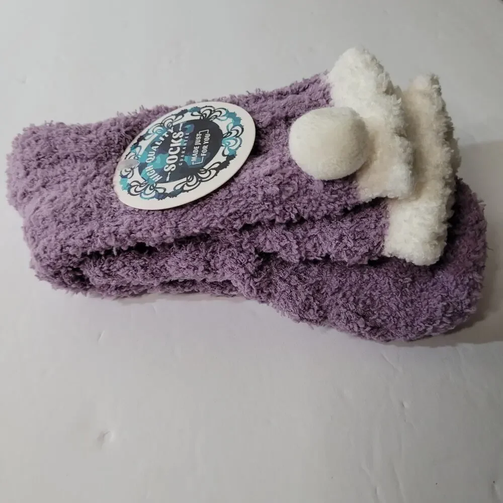 Charming Purple & White Pom-Pom Trim Cozy Socks